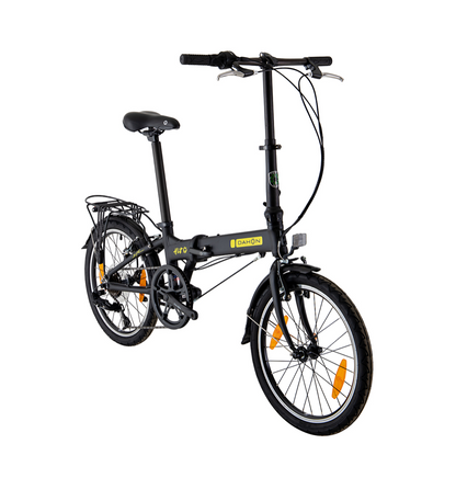 A black DAHON 'Hit' 6-Speed Folding Bike with 20-inch wheels, V-Brakes, and a Dahon saddle, designed for urban commuting and recreational cycling.
