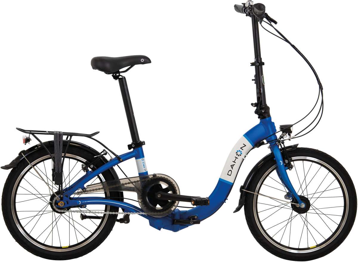 Blue folding bicycle with black seat on a white background